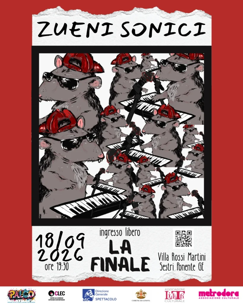 Locandina della finale di Zueni Sonici: 18 settembre 2026, giardino di Villa Rossi Martini, Sestri Ponente, ingresso libero